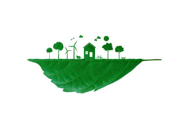 The house with turbine and solar cell clean energy object cutting green leaf. Natural and technology. Save the earth and environment green natural ecology. clipping path.