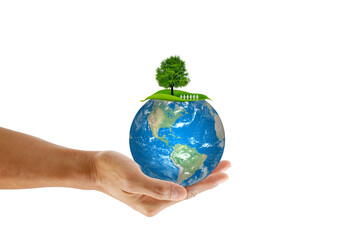 Hand holding the earth with a people standing under a tree on white background. save the earth ecology concept.