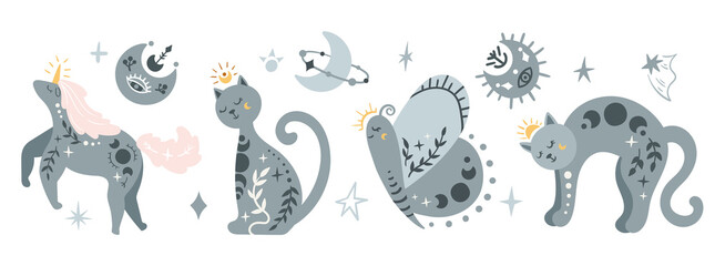 Celestial boho animals kids clipart set, moon, space cat, unicorn and butterfly isoleted on white background, mystical baby illustration pastel colored, decorative nursery vector design elements