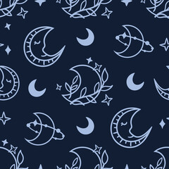 Obraz na płótnie Canvas Celestial black and white moon seamless pattern - hand drawn line space digital paper with moon and stars, cute kids starry seamless background for textile, scrapbooking, wrapping paper