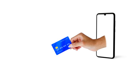 hand holding a credit card out of a smart phone on white background with clipping path. shopping on line on buy-sell with e-commerce technology.