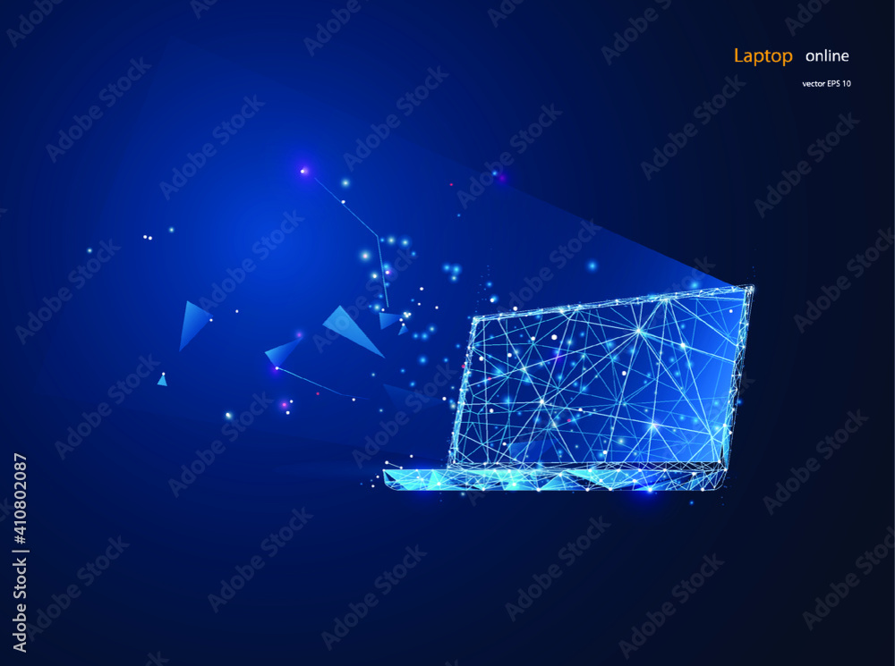 Poster laptop . computers themes in low-poly wireframe starry sky and cosmos style. technology and devices 