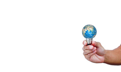 The earth in a light bulb on white background. green energy for environment and save the earth ecology concept.