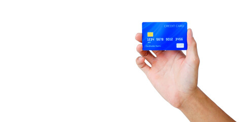 hand holding a blue credit card on white background with clipping path. shopping on line on buy-sell with e-commerce technology.