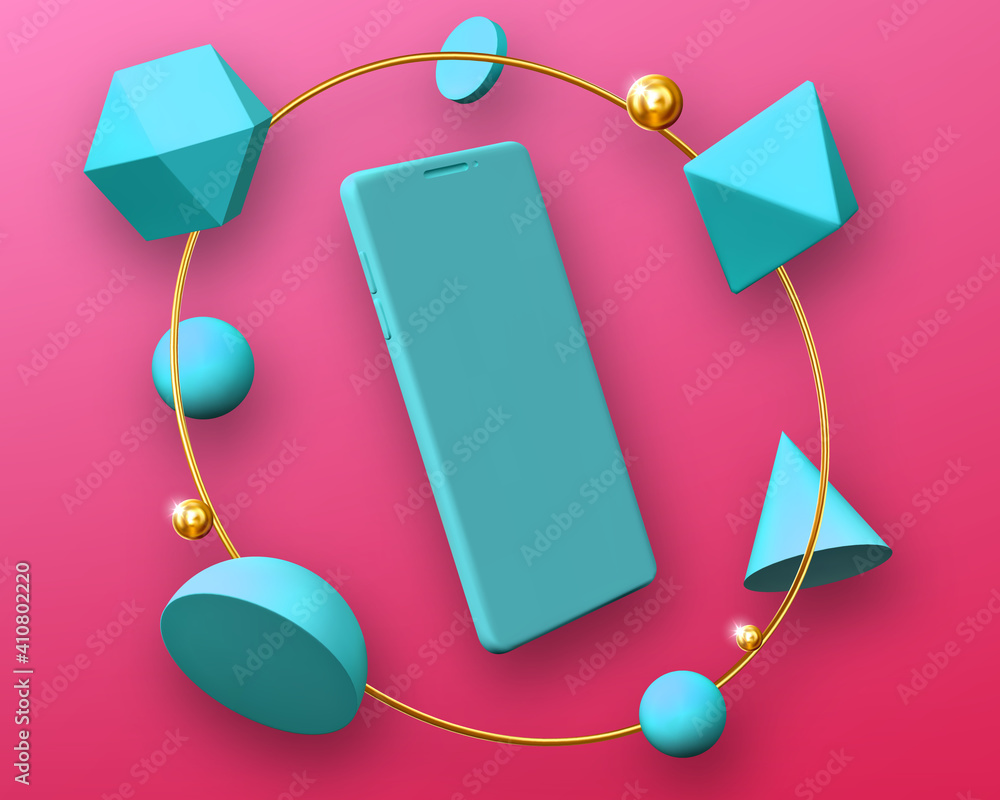 Poster abstract design with smartphone mockup in round frame of geometric 3d shapes hemisphere, octahedron,
