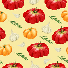 Vegetable watercolor seamless pattern tomato garlic rosemary on yellow background	