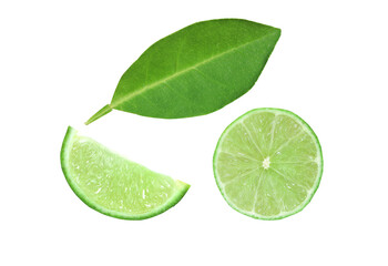 Fototapeta na wymiar Natural fresh lemon and green leaves isolated on white background