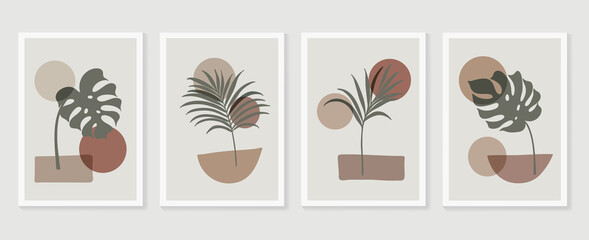 Botanical wall art background vector set.Earth tone natural colors foliage line art  boho plants drawing with abstract shape. Mid century modern design for prints, poster, cover and wallpaper. © TWINS DESIGN STUDIO
