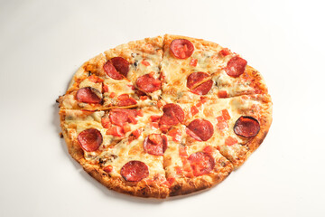 Pepperoni pizza isolated on white background. Italian food concept. Appetizing pizza.