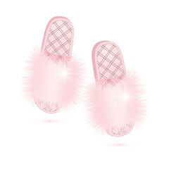 Pair of Fashion Pink Fur Slippers Isolated on White. Luxury Women's Shoes.