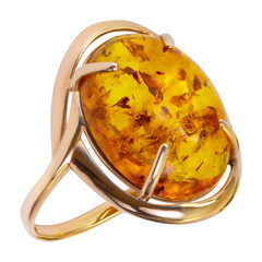 Gold ring with amber isolated on white background, closeup