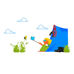 hiking. vector illustration of a woman tourist in a tent in nature