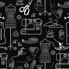 sewing accessories. a white outline on a black background forms a seamless pattern