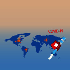 Vaccine vials and syringes stop spread of coronavirus around the world. Global Covid19 vaccination concept