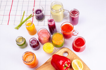 A cup of fresh fruit juice separated on a white background. Top View