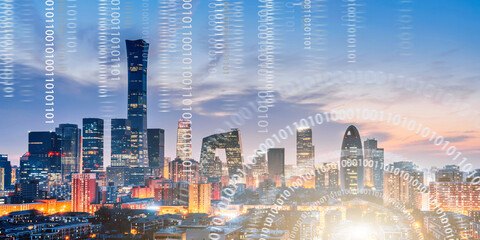 Big data concept of building night view and urban interconnection in Beijing CBD, China