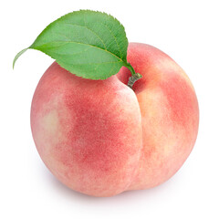 Peach fruit with leaf isolated on white background, Fresh Peach on White Background With clipping path.