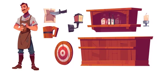 Fotobehang Bartender and old tavern interior with wooden bar counter, shelf with bottles, lantern and beer mug. Vector cartoon man waiter in vintage saloon, darts target and paper pinned by knife © klyaksun