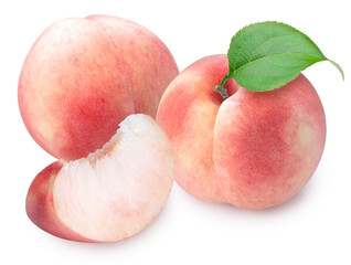 Peach fruit with leaf isolated on white background, Fresh Peach on White Background With clipping path.