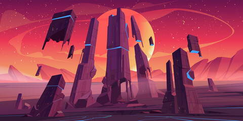 Alien planet landscape with rocks and futuristic building ruins with glowing blue cracks. Vector cartoon fantasy illustration of outer space with stars, moon and planet surface for gui game design - obrazy, fototapety, plakaty