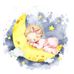 Watercolor Sleep baby in the moon