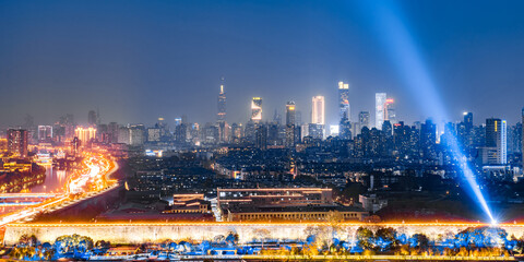 Night view of Ming Dynasty Great Wall and city skyline in Nanjing, Jiangsu, China 