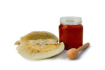 Honeycomb and honey jar and blank bottle for label isolated on white background - Clipping path