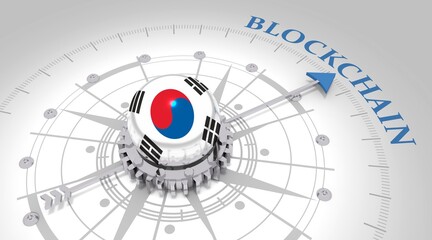 Abstract financial technology background represent blockchain. Investment financial internet technology concept. Flag of South Korea. 3D rendering