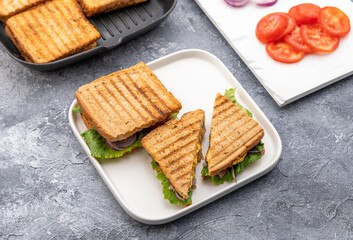 vegetable paneer sandwich using cottage cheese  with tomato, onion and lettuce with chutney 