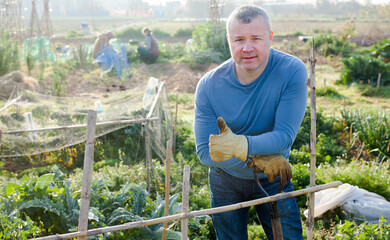 Male horticulturist with mattock standing near wooden trellis in garden outdoor