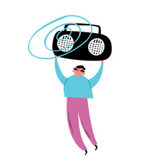 Cartoon hand-drawn character holding a music column, vector illustration. A cheerful, festive mood. All graphic elements are isolated on a white background.