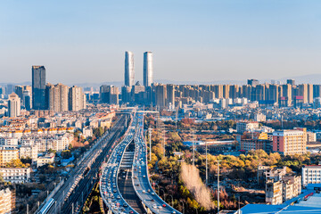 Traffic scenery of twin towers and viaducts in Kunming, Yunnan, China 