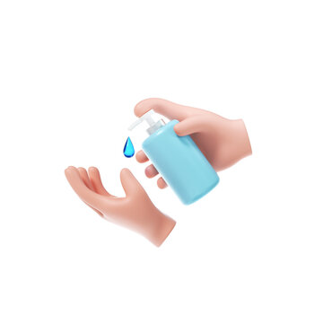 Hand sanitizer 3d icon on isolate white background. applying sanitizing gel liquid on cartoon hands coronavirus prevention, Sanitiser bottle.3d render illustration