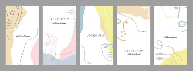 Set witn line fashion womans portraits, abstract shapes in pastel color isolated on white. Beautiful social media banner template. Collection cards, covers witn girls face. Vector illustration 