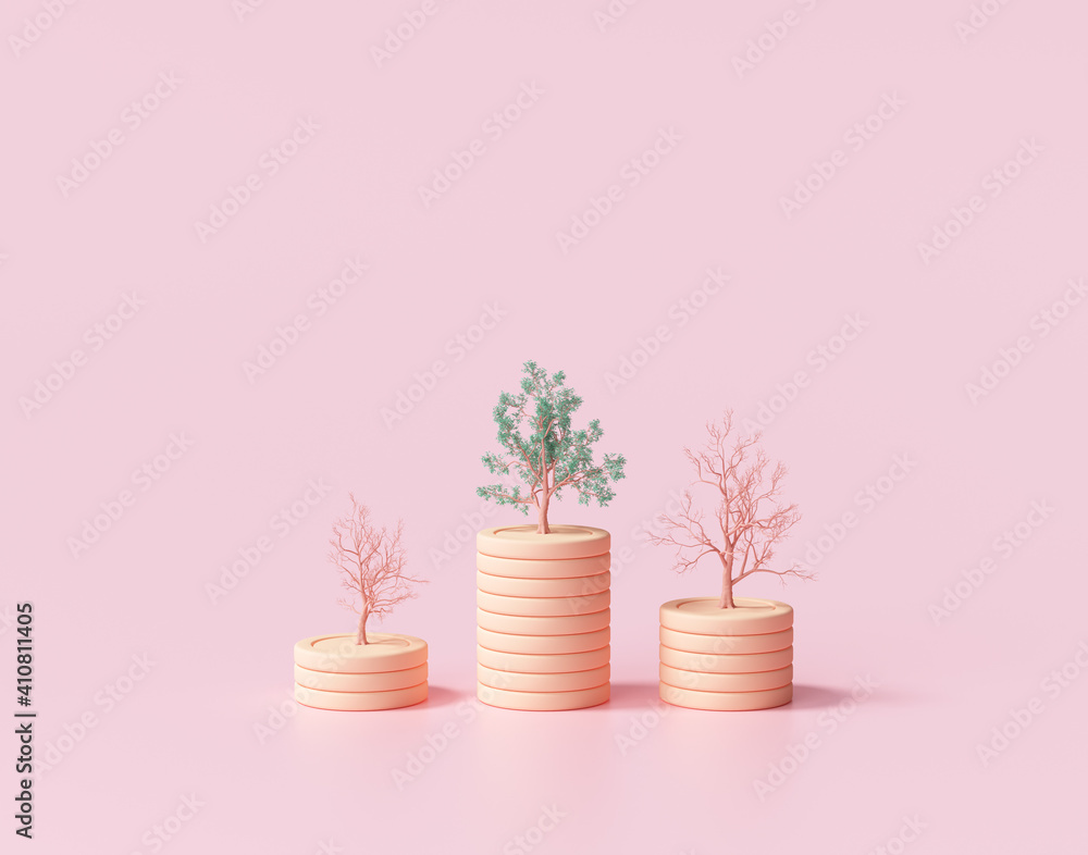 Poster minimal coin stacks growing graph with trees on pink background. growing trees on coin stacks, busin