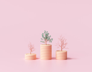 Minimal Coin stacks growing graph with trees on pink background. Growing trees on coin stacks, Business investment and saving money concept. 3d render illustration - obrazy, fototapety, plakaty