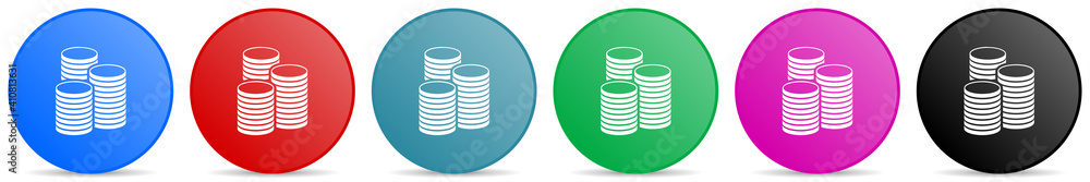 Fototapete money, business and finance vector icons, set of circle gradient buttons in 6 colors options for web