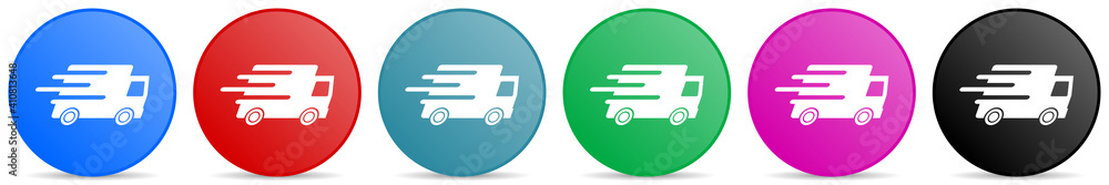 Aufkleber speed transport, fast delivery, truck vector icons, set of circle gradient buttons in 6 colors optio