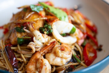 Spaghetti with Spicy Seafood in Platter