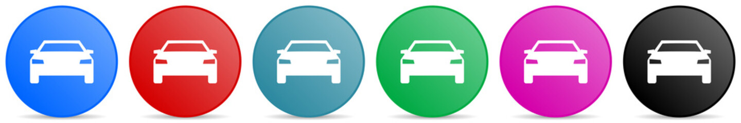 Auto, transport, transportation, car vector icons, set of circle gradient buttons in 6 colors options for webdesign and mobile applications