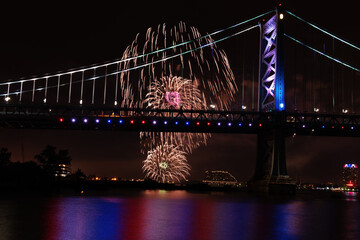 Fireworks Exploding Near Ben Franklin Bridge Philadelphia PA on July 4th.