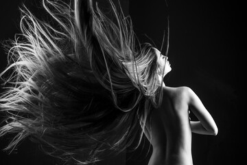 Long hair. Sexy woman has healthy hair on black background. Haircare and shampoo. Beauty salon and fashion.