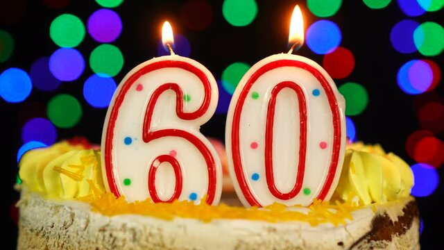 Number 60 Happy Birthday Cake With Burning Candles Topper.