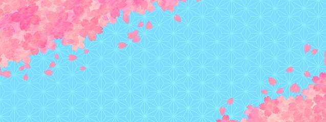 水色の麻の葉模様と桜の花の背景イラスト no.02