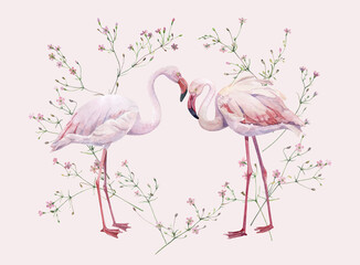 Watercolor pink flamingos in small pink flowers on a white background 