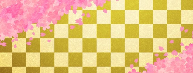 金色の市松模様と桜の花の背景イラスト no.01