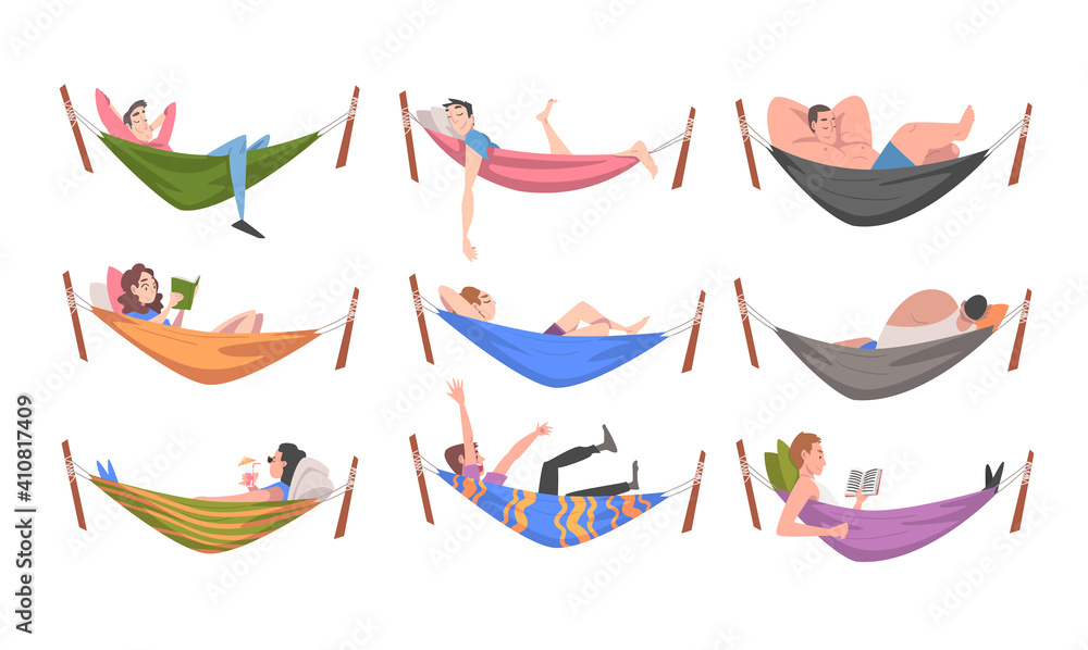 Poster people characters resting in hammock reading book and sleeping vector illustration set