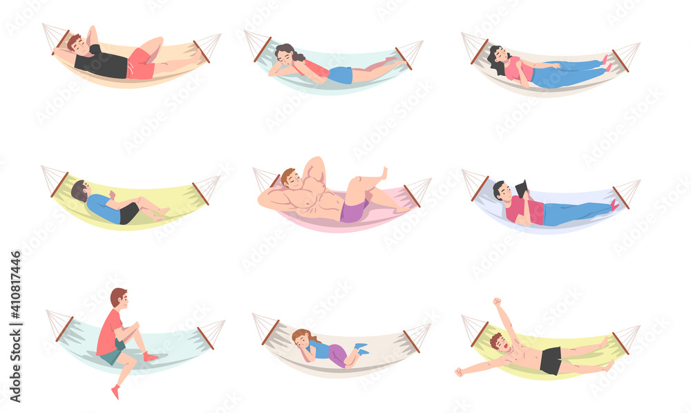 Poster people characters resting in hammock reading book and sleeping vector illustration set