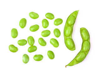 Green soy beans on white background top view.