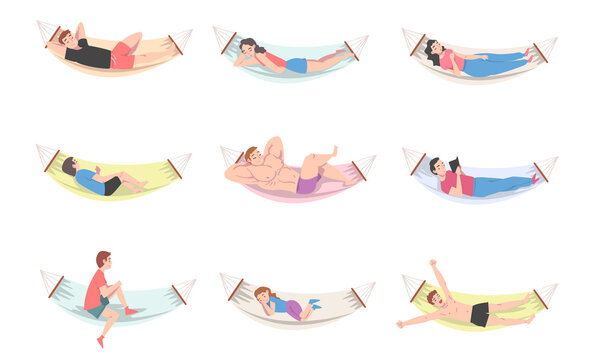 People Characters Resting in Hammock Reading Book and Sleeping Vector Illustration Set